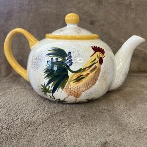AMERICAN ATELIER‎ Teapot & Lid Round Rooster Handpainted Earthenware 5242